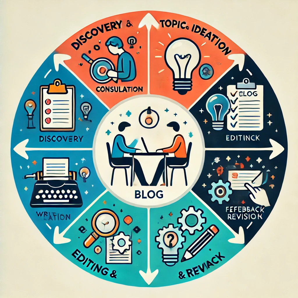 DALL·E 2024 10 21 13.34.31 A circular infographic representing the Dreamworth Blog Writing Process. The circle is divided into five equal segments each with a visually distinct